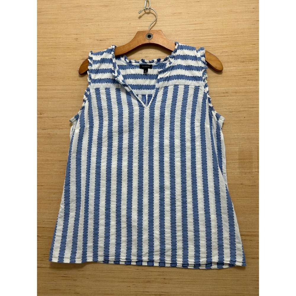 Talbots Womens Blue White Scalloped Stripe Sleeveless Ruffle Split Neck Top M